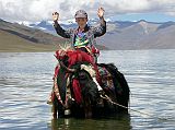 Tibet 05 02 Peter Ryan on a Yak in Yamdrok Tso